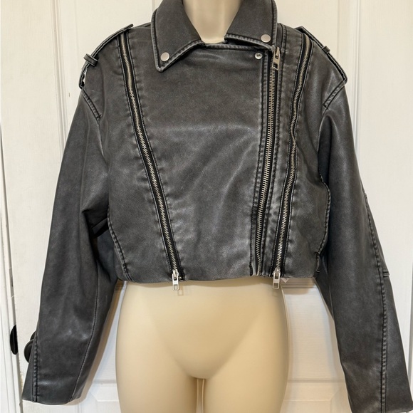 Zara Worn Effect Faux Leather Cropped Biker Moto Jacket Gray S - Picture 5 of 15